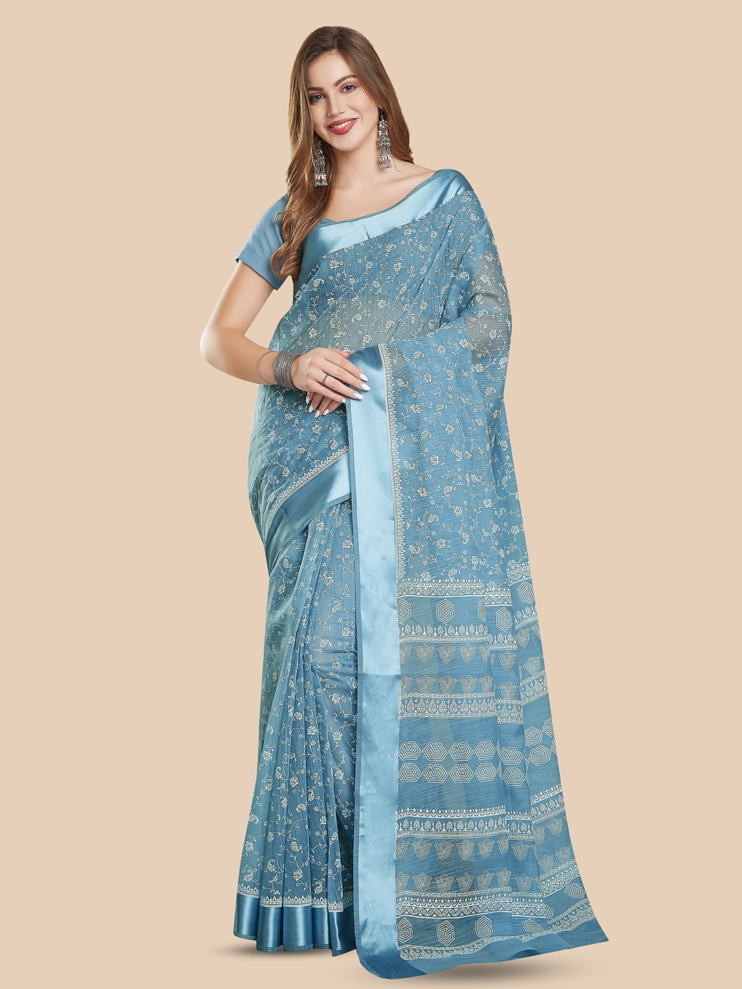 

Rani Saahiba Ethnic Motifs Block Printed Saree, Blue