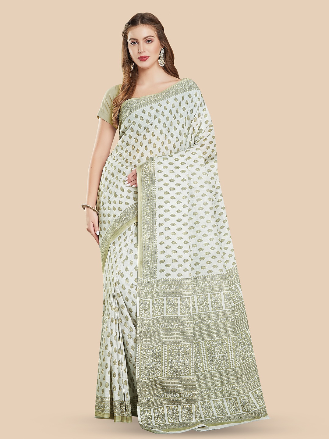 

Rani Saahiba Ethnic Motifs Printed Pure Cotton Saree, White