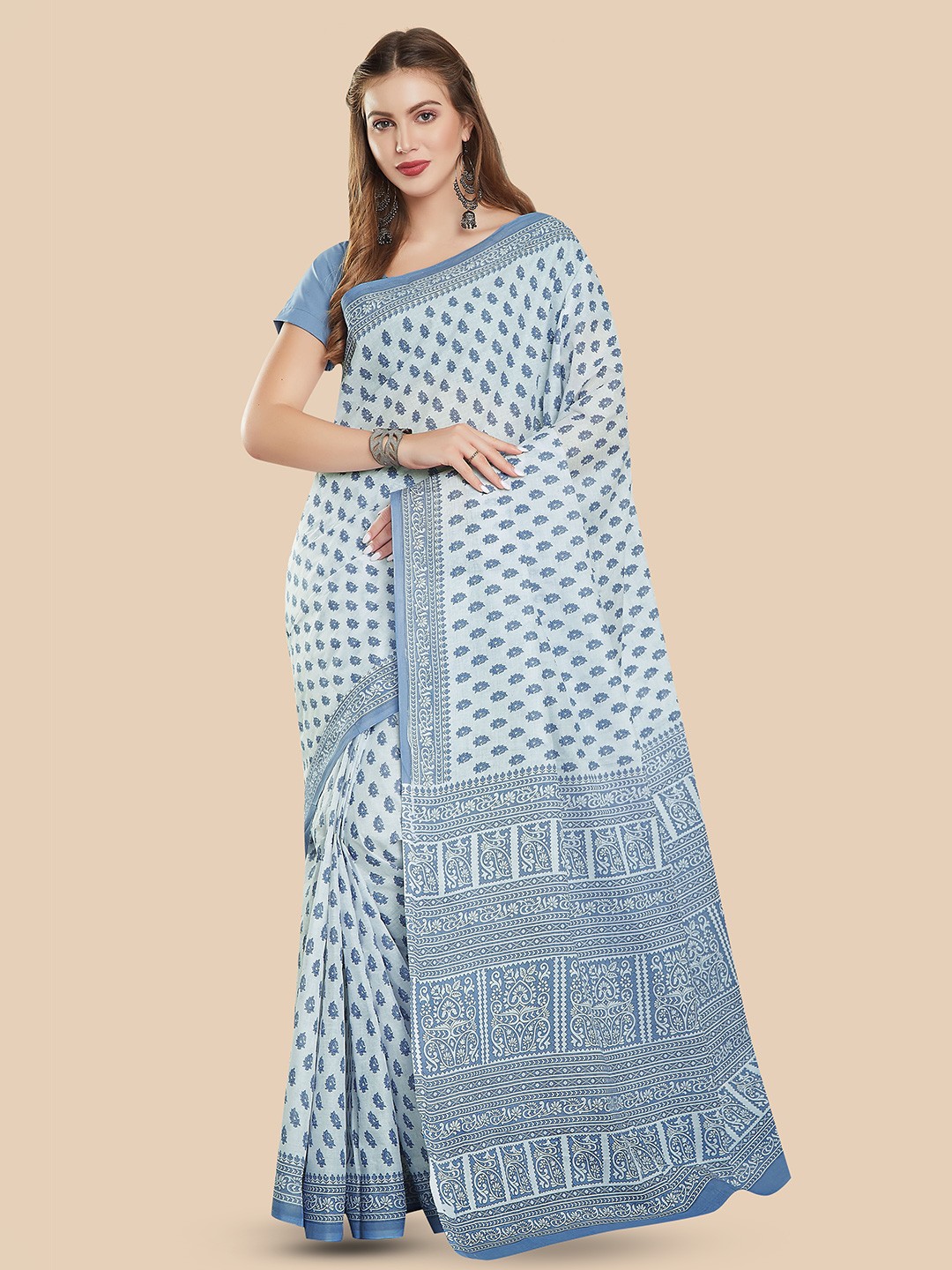 

Rani Saahiba Ethnic Motifs Printed Pure Cotton Block Print Saree, White