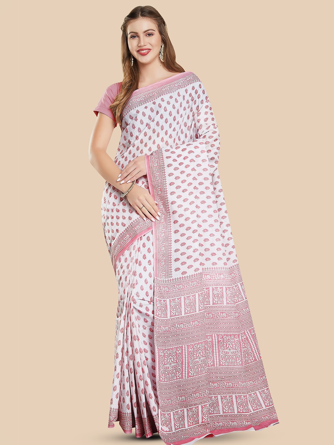 

Rani Saahiba Ethnic Motifs Pure Cotton Block Print Saree, White