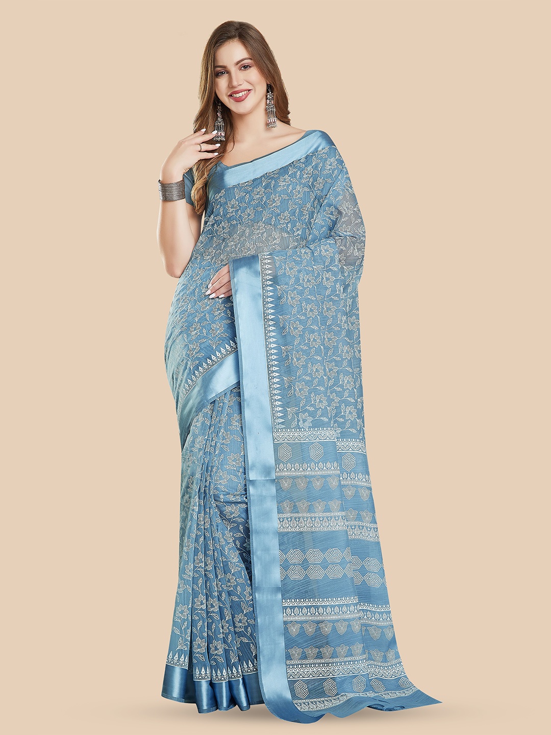 

Rani Saahiba Ethnic Motifs Block Printed Saree, Blue