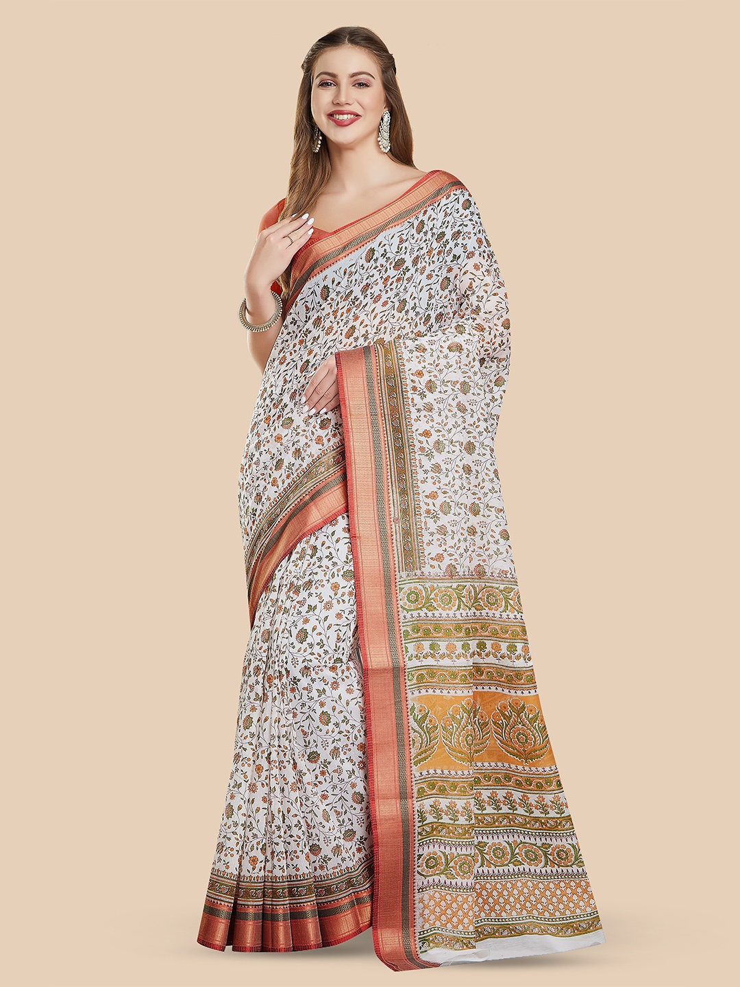 

Rani Saahiba Floral Printed Zari Detailed Saree, White