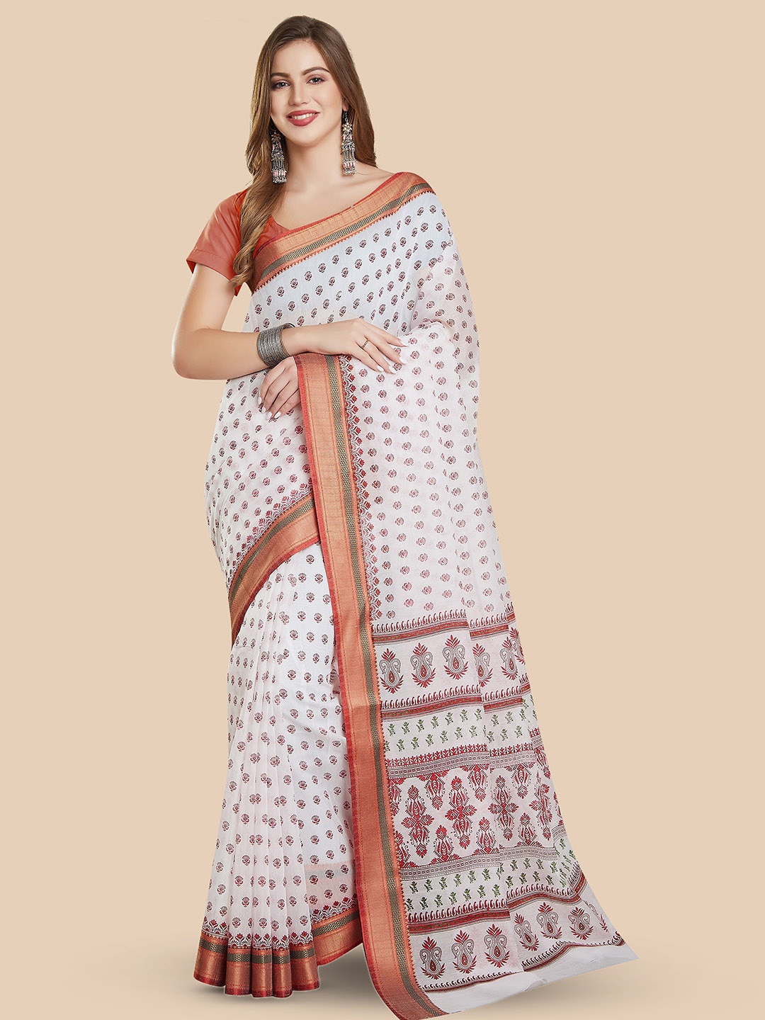 

Rani Saahiba Ethnic Motifs Printed Zari Block Print Saree, White