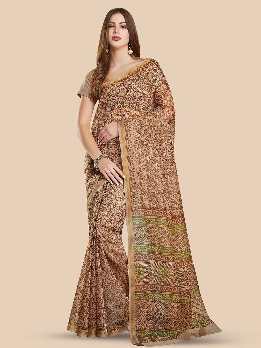 

Rani Saahiba Ethnic Motifs Printed Zari Block Print Saree, Brown