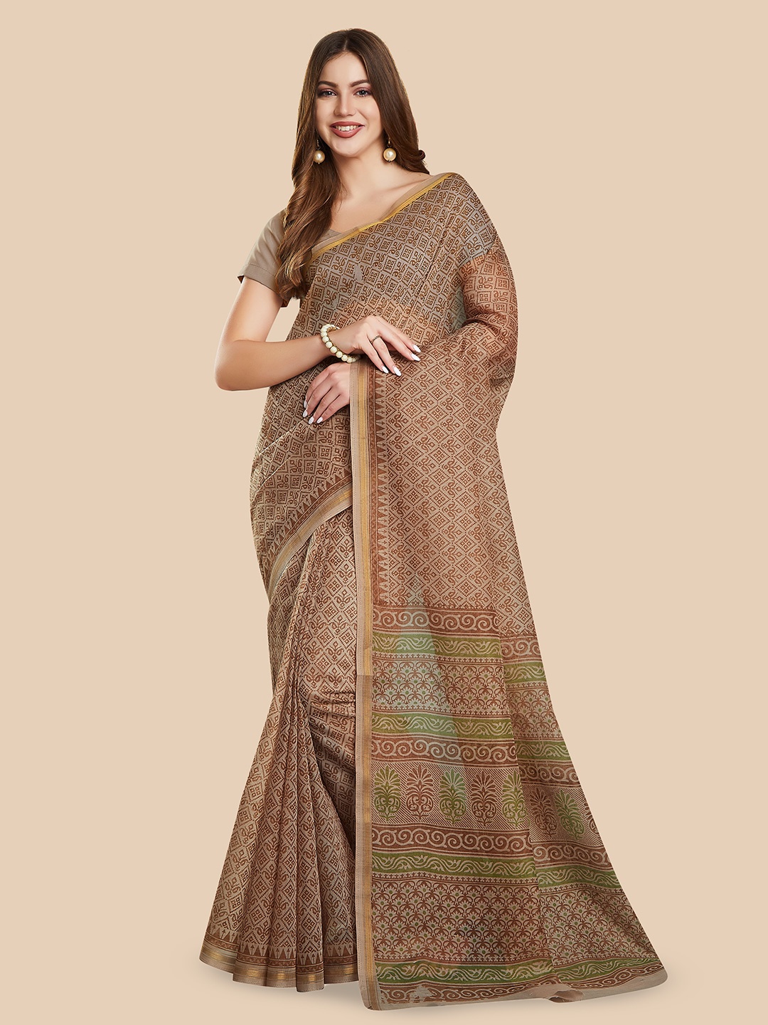 

Rani Saahiba Paisley Zari Block Print Saree, Brown