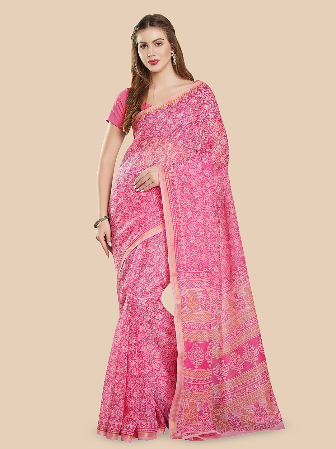 

Rani Saahiba Floral Zari Block Print Saree, Pink