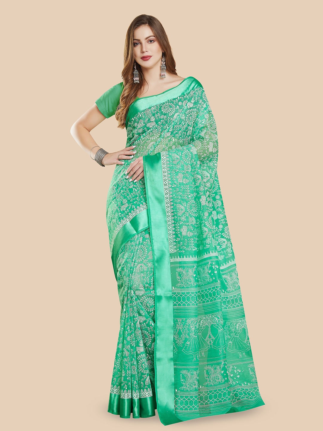 

Rani Saahiba Warli Printed Block Print Saree, Green