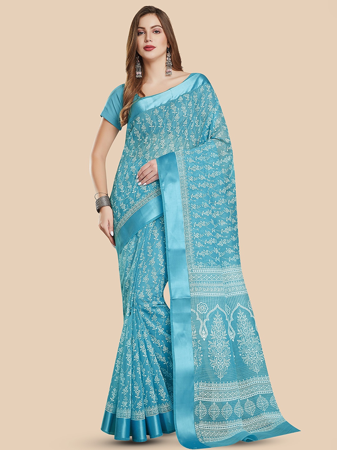

Rani Saahiba Ethnic Motifs Printed Block Print Saree, Blue