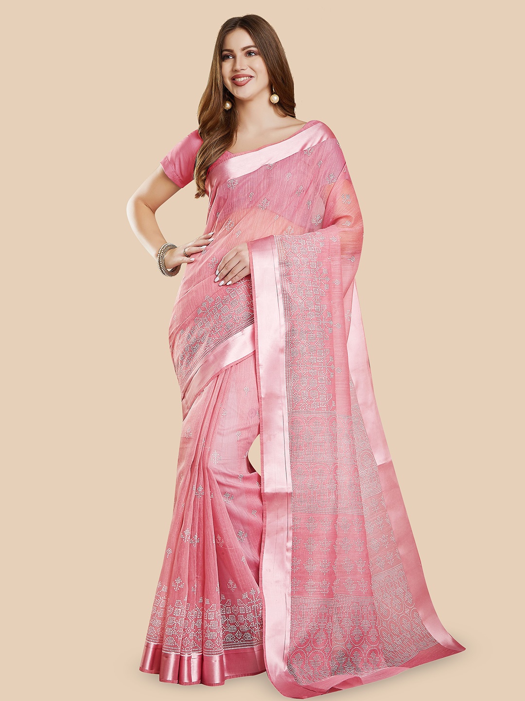 

Rani Saahiba Ethnic Motifs Printed Block Print Saree, Pink