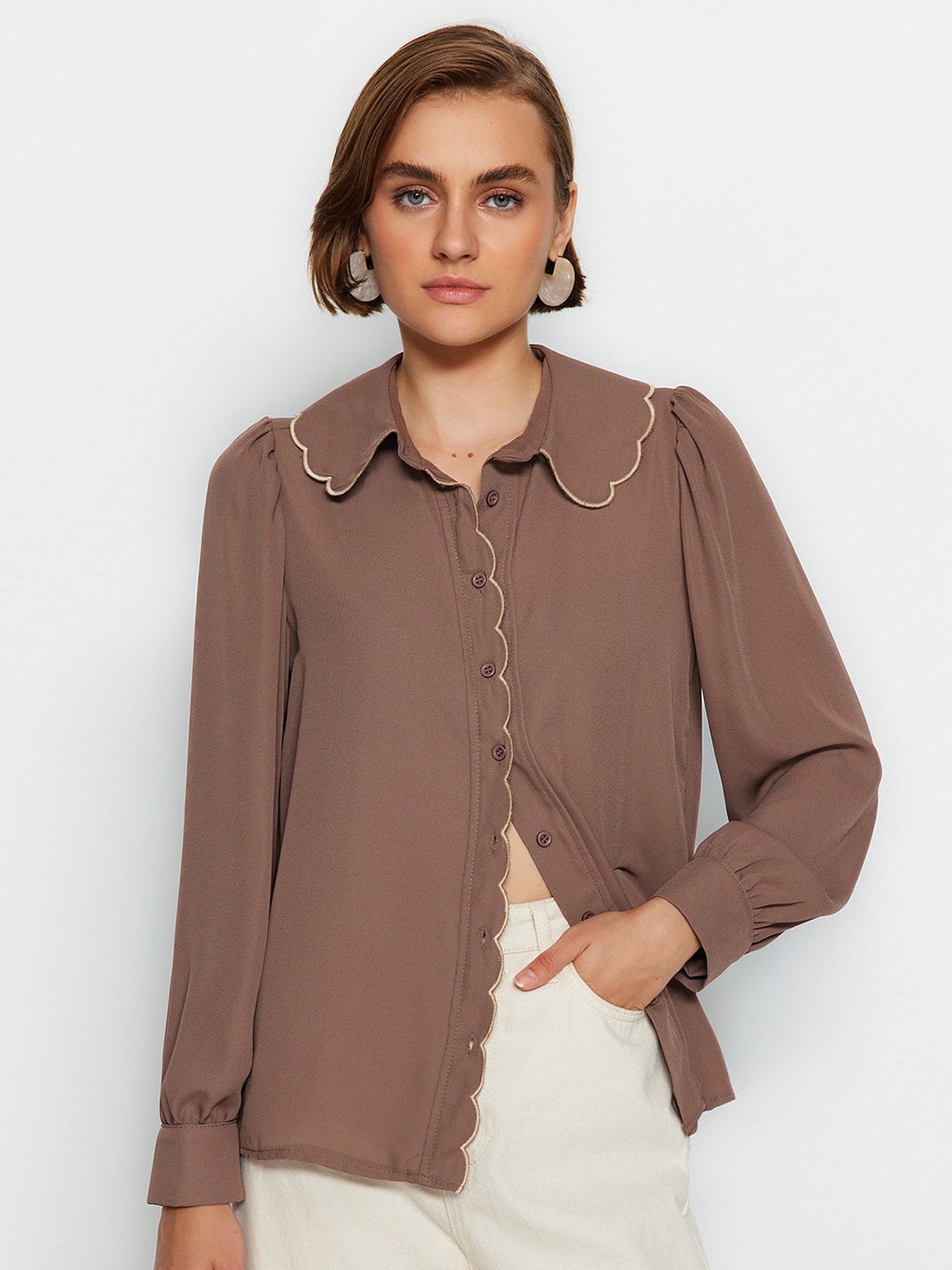 

Trendyol Spread Collar Puff Sleeves Regular Shirt, Brown
