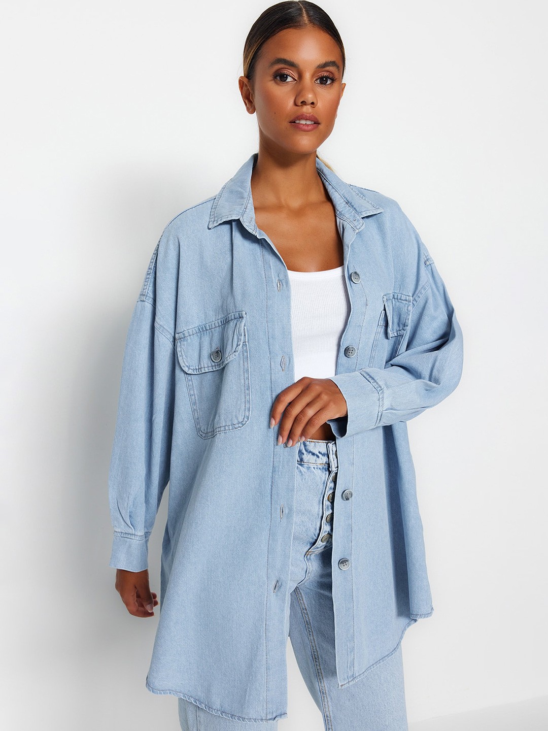 

Trendyol Longline Pure Cotton Casual Shirt, Blue