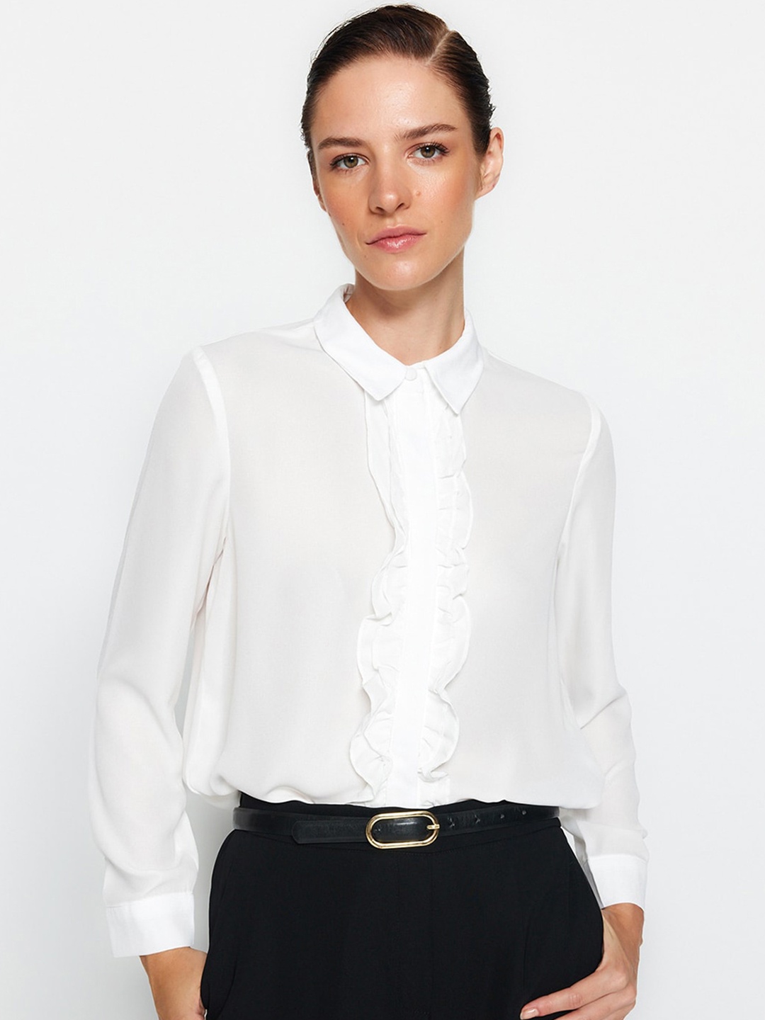 

Trendyol Spread Collar Ruffles Regular Fit Opaque Casual Shirt, White