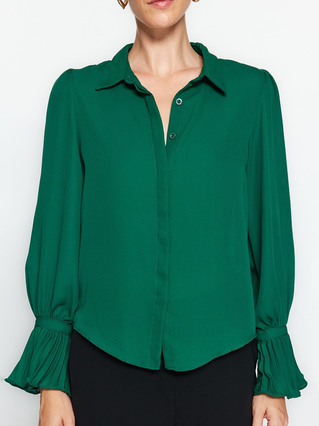 

Trendyol Spread Collar Puff Sleeve Casual Shirt, Green