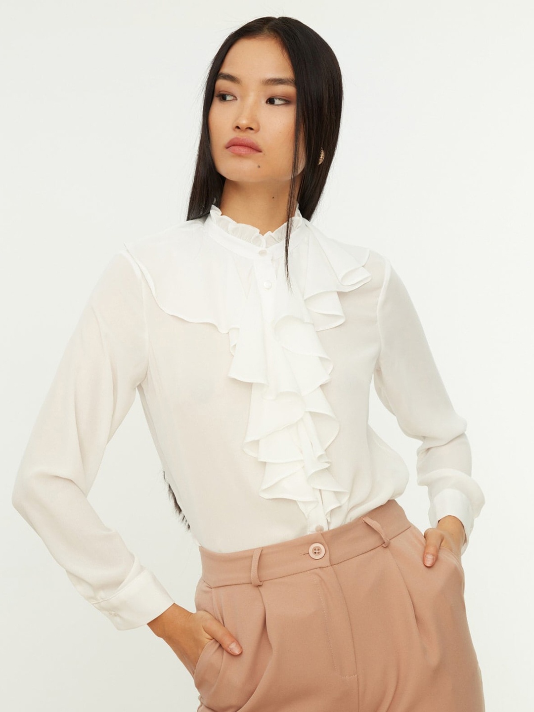 

Trendyol High Neck Cuffed Sleeves Ruffled Shirt Style Top, White