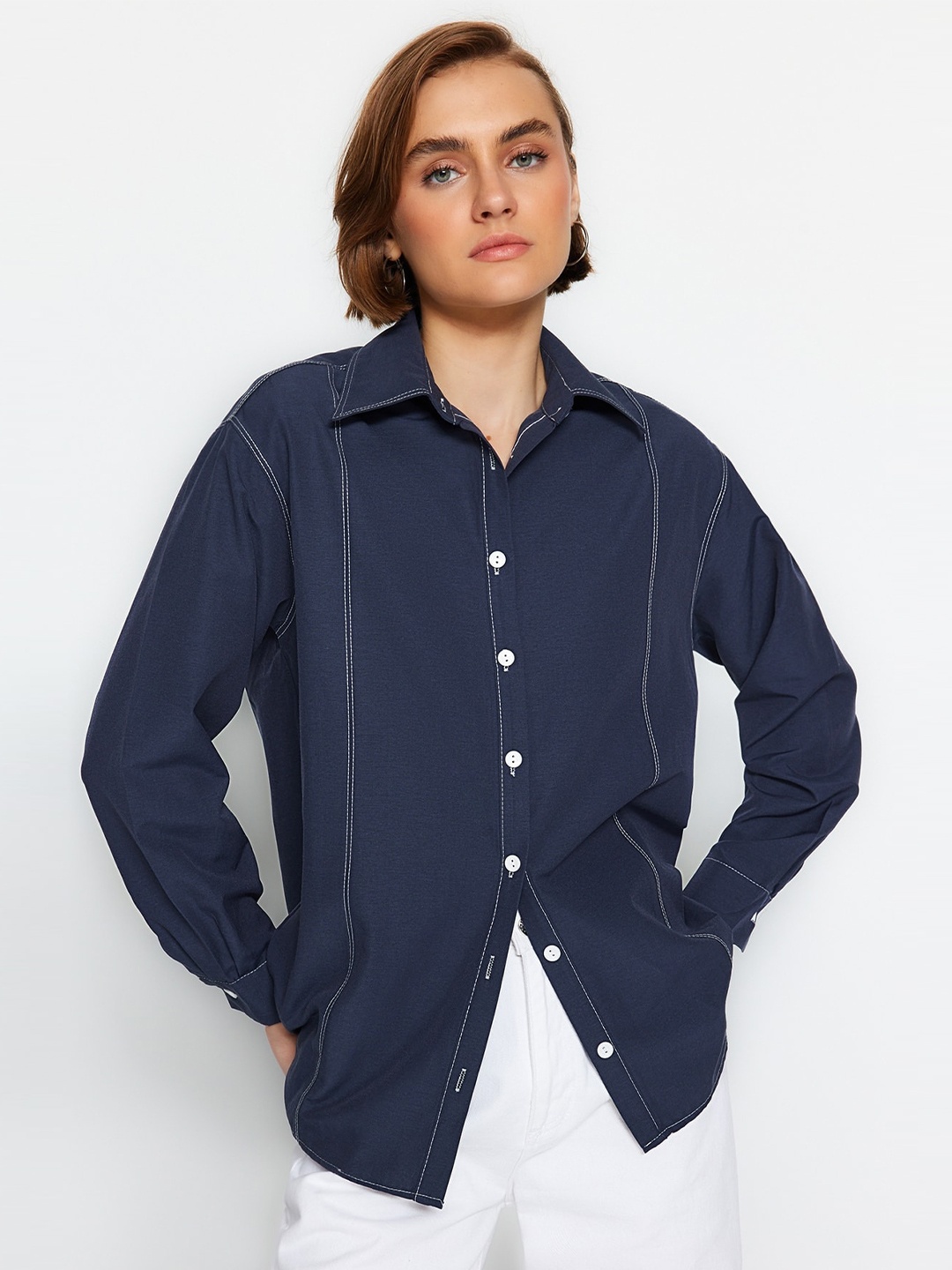 

Trendyol Spread Collar Pure Cotton Casual Shirt, Navy blue