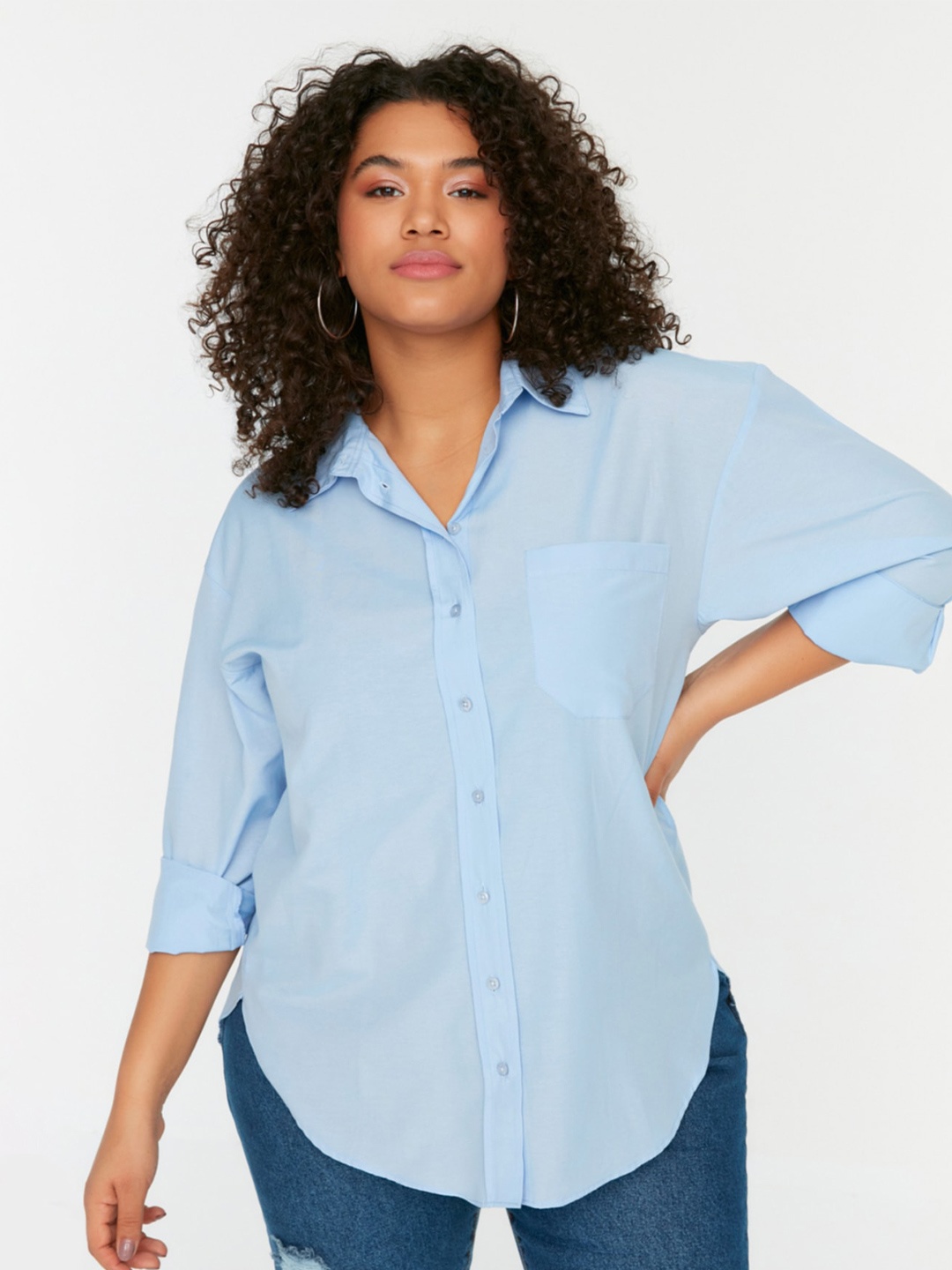 

Trendyol Plus Size Spread Collar Opaque Casual Shirt, Blue