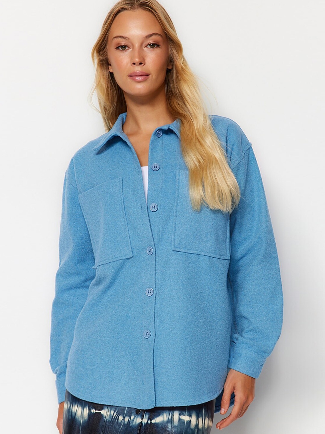 

Trendyol Shirt Collar Drop-Shoulder Sleeves Shirt, Blue