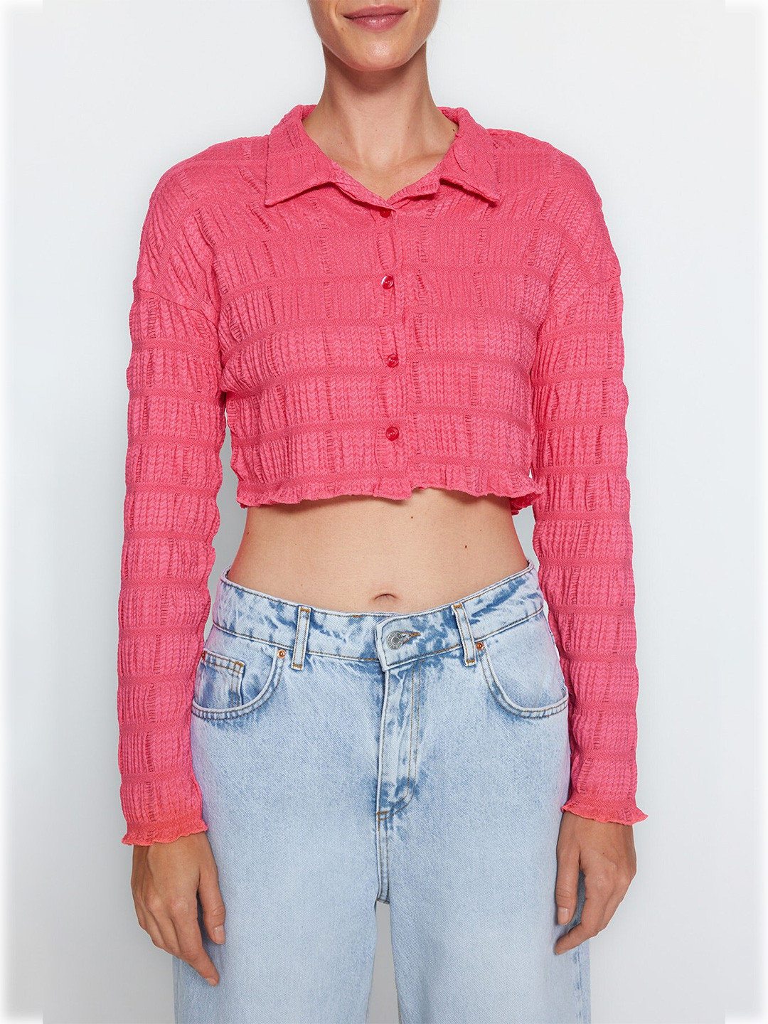 

Trendyol Checked Self Designed Drop-Shoulder Sleeves Crop Casual Shirt, Pink