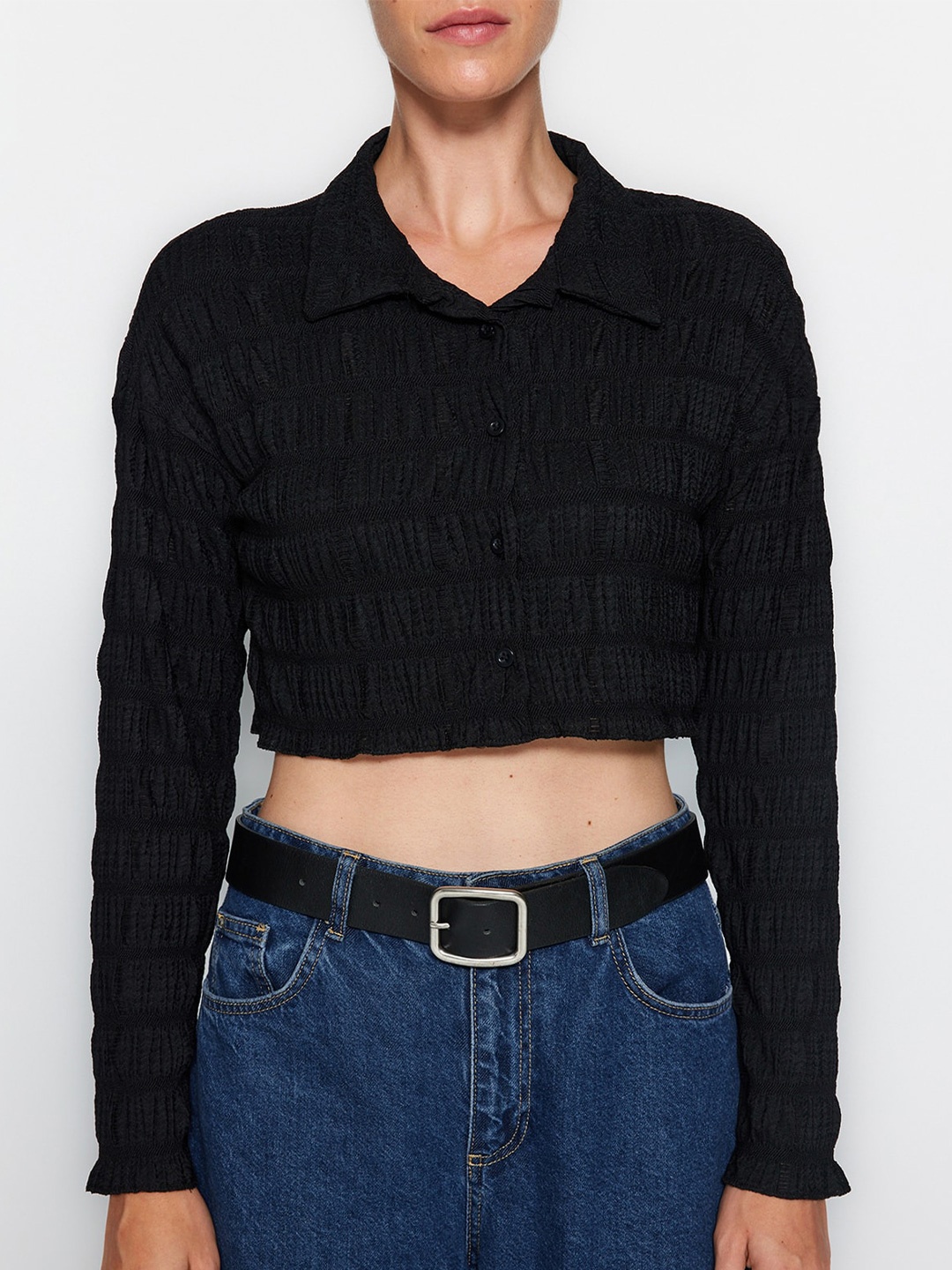 

Trendyol Self Design Shirt Style Crop Top, Na