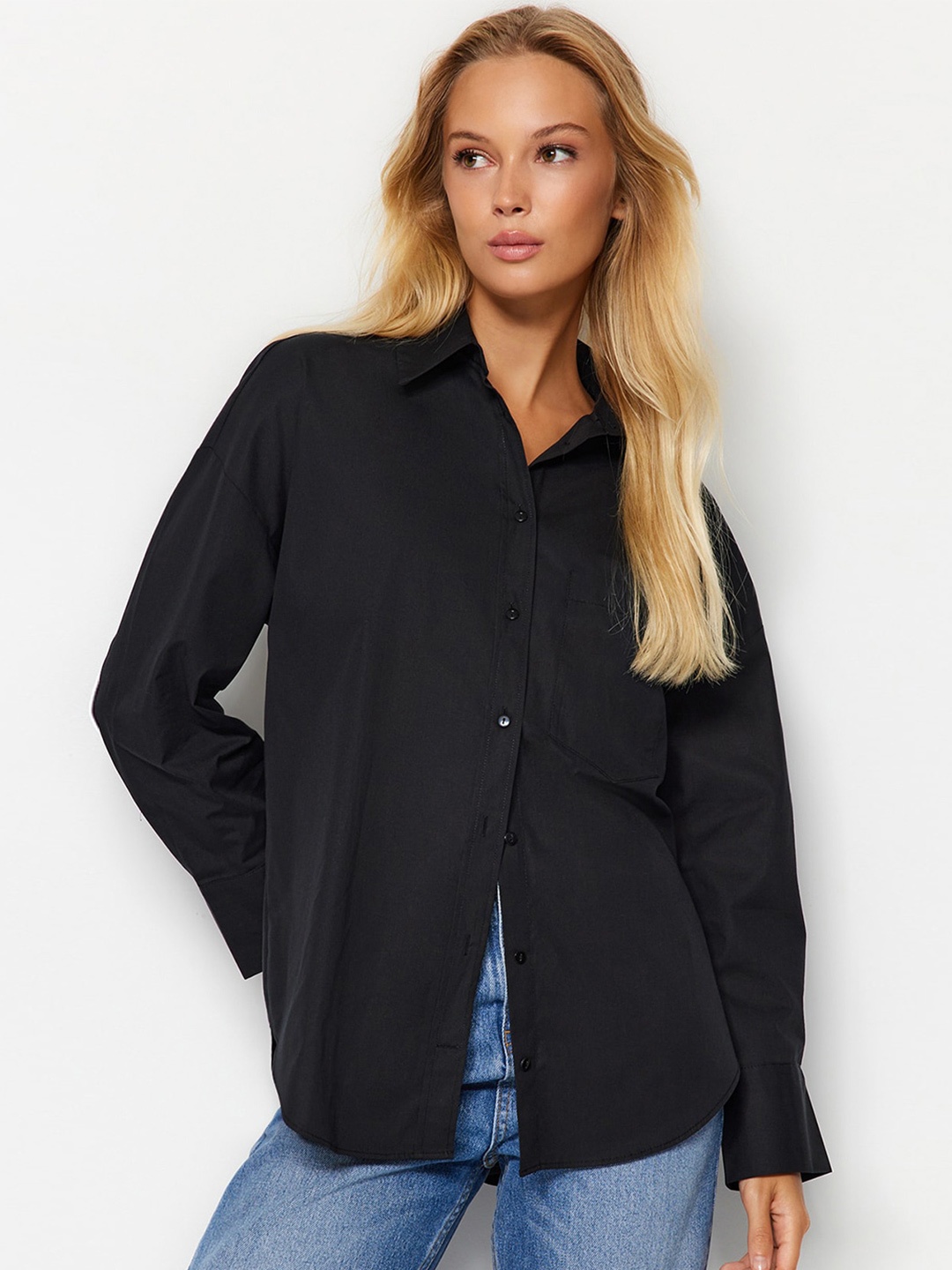 

Trendyol Spread Collar Pure Cotton Casual Shirt, Black
