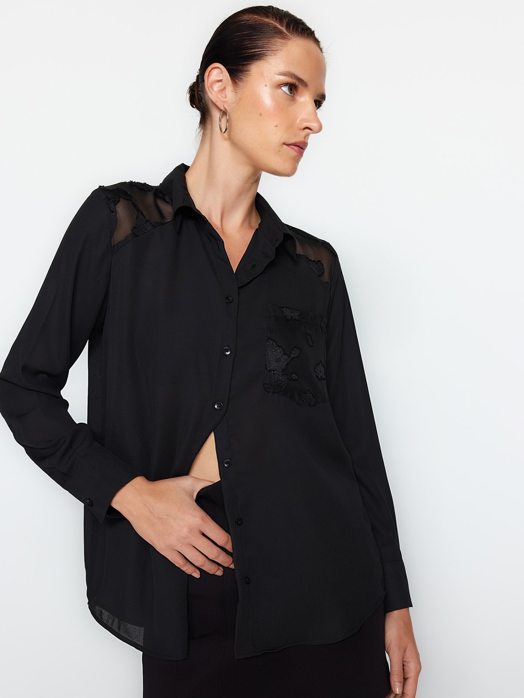 

Trendyol Spread Collar Embroidered Casual Shirt, Black