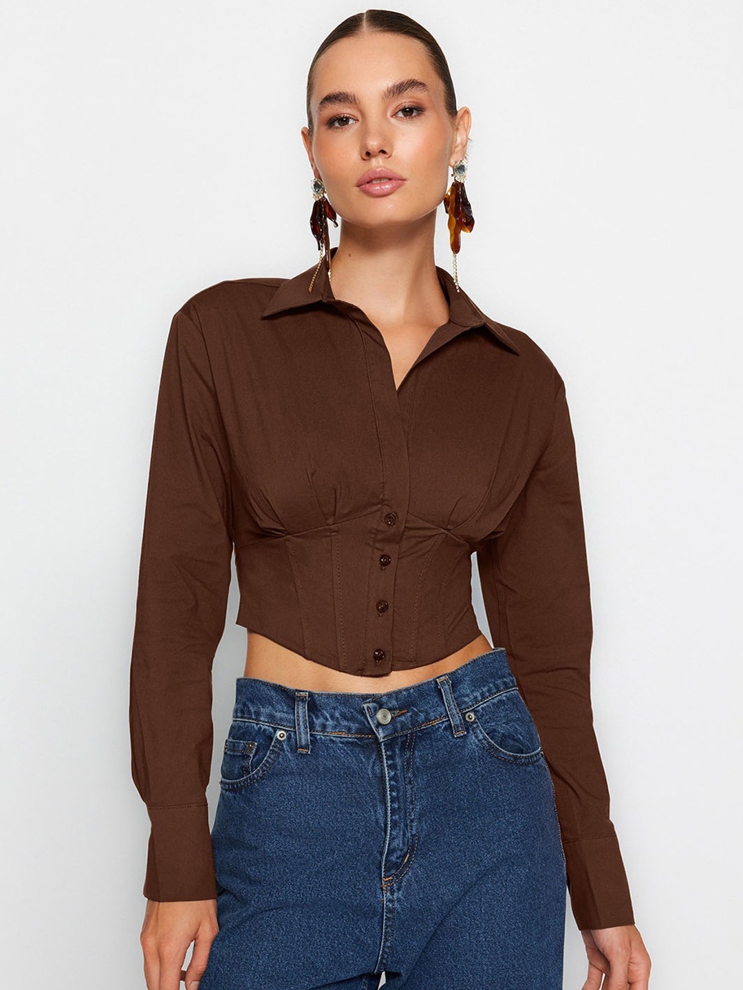 

Trendyol Back Tie Up Crop Casual Shirt, Brown
