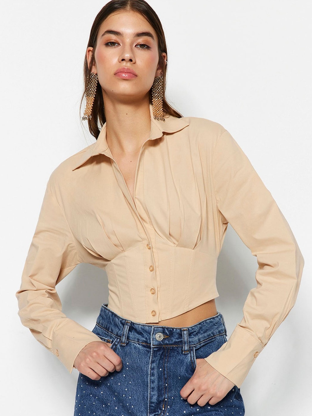 

Trendyol Spread Collar Pleated Opaque Crop Casual Shirt, Beige