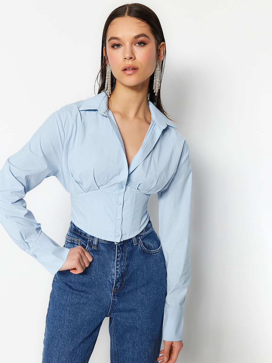 

Trendyol Long Sleeve Shirt Style Crop Top, Blue