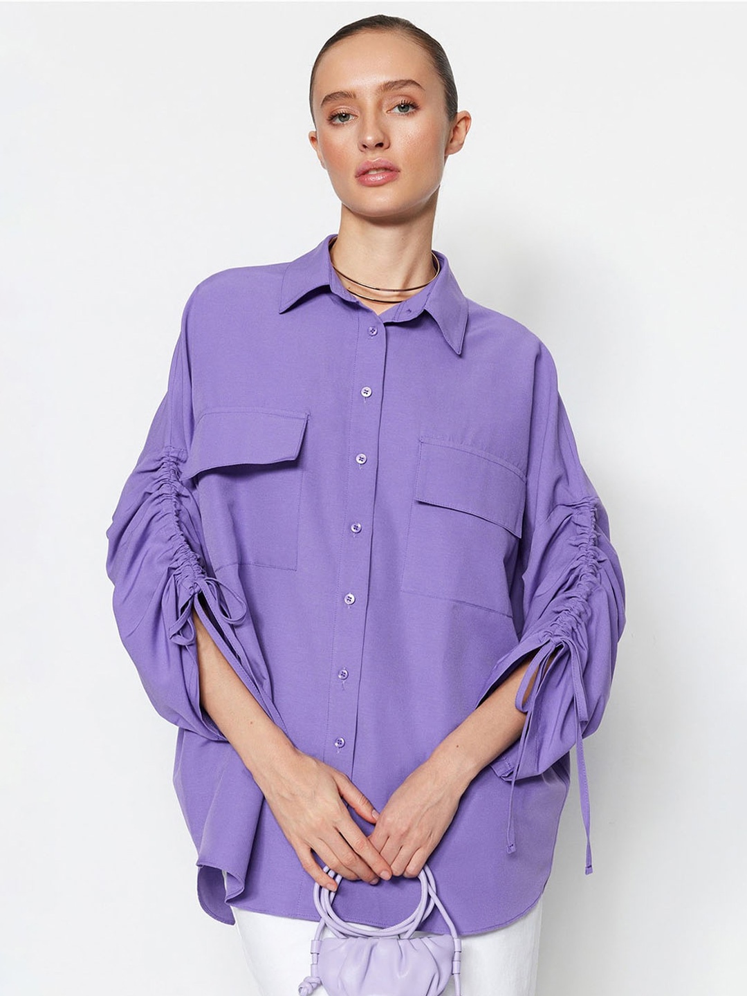 

Trendyol Ruched Sleeves Casual Shirt Style Top, Purple