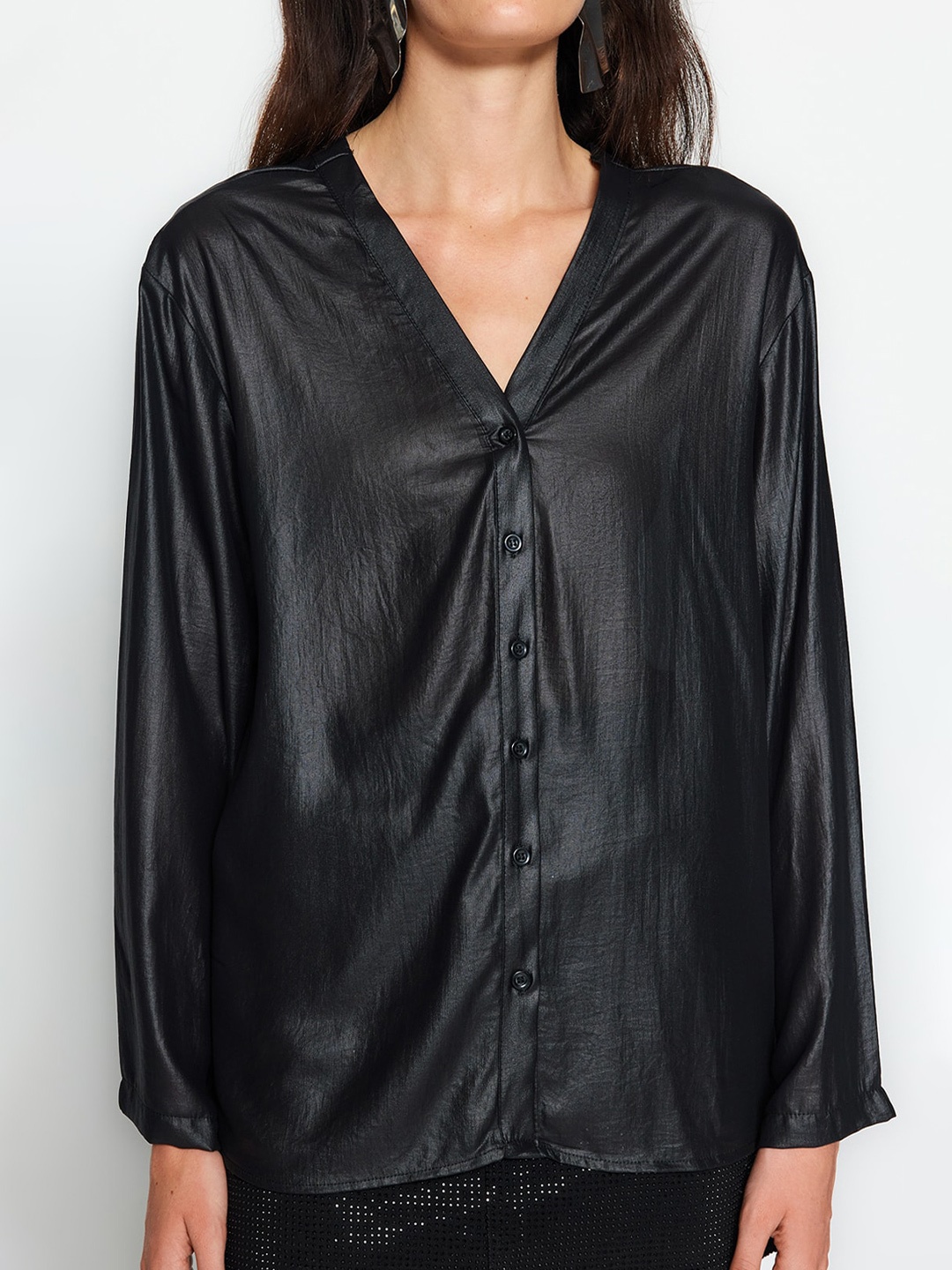 

Trendyol Collarless Long Sleeve Casual Shirt, Black