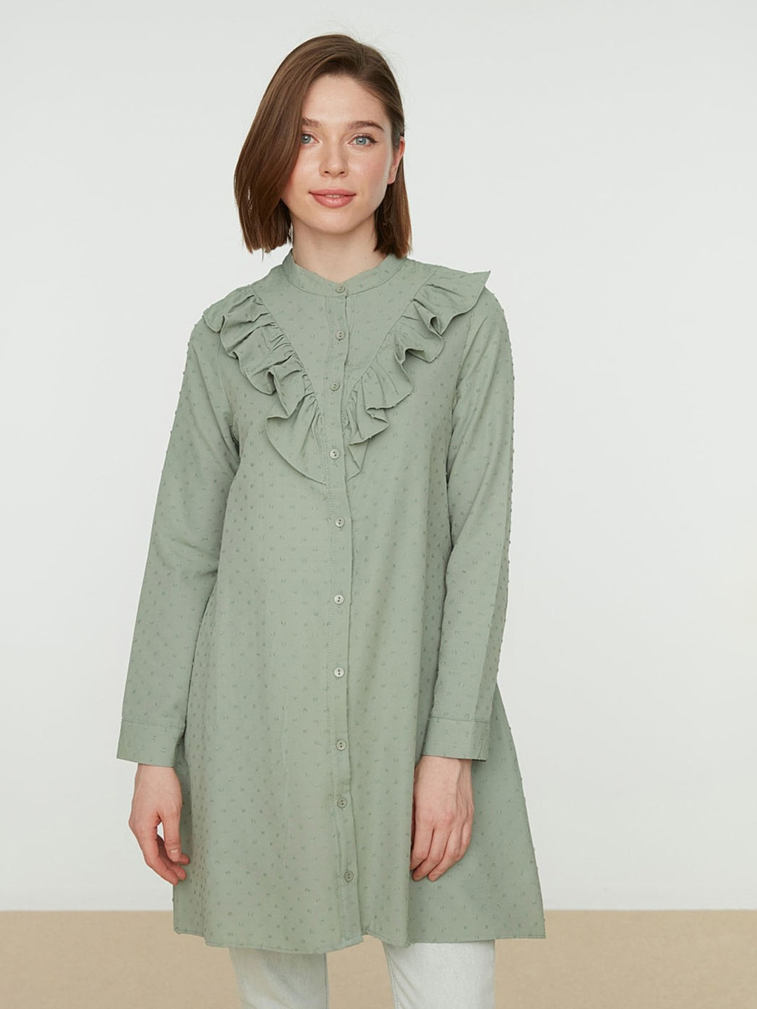 

Trendyol Self Design Mandarin Collar Ruffles Opaque Casual Shirt, Green