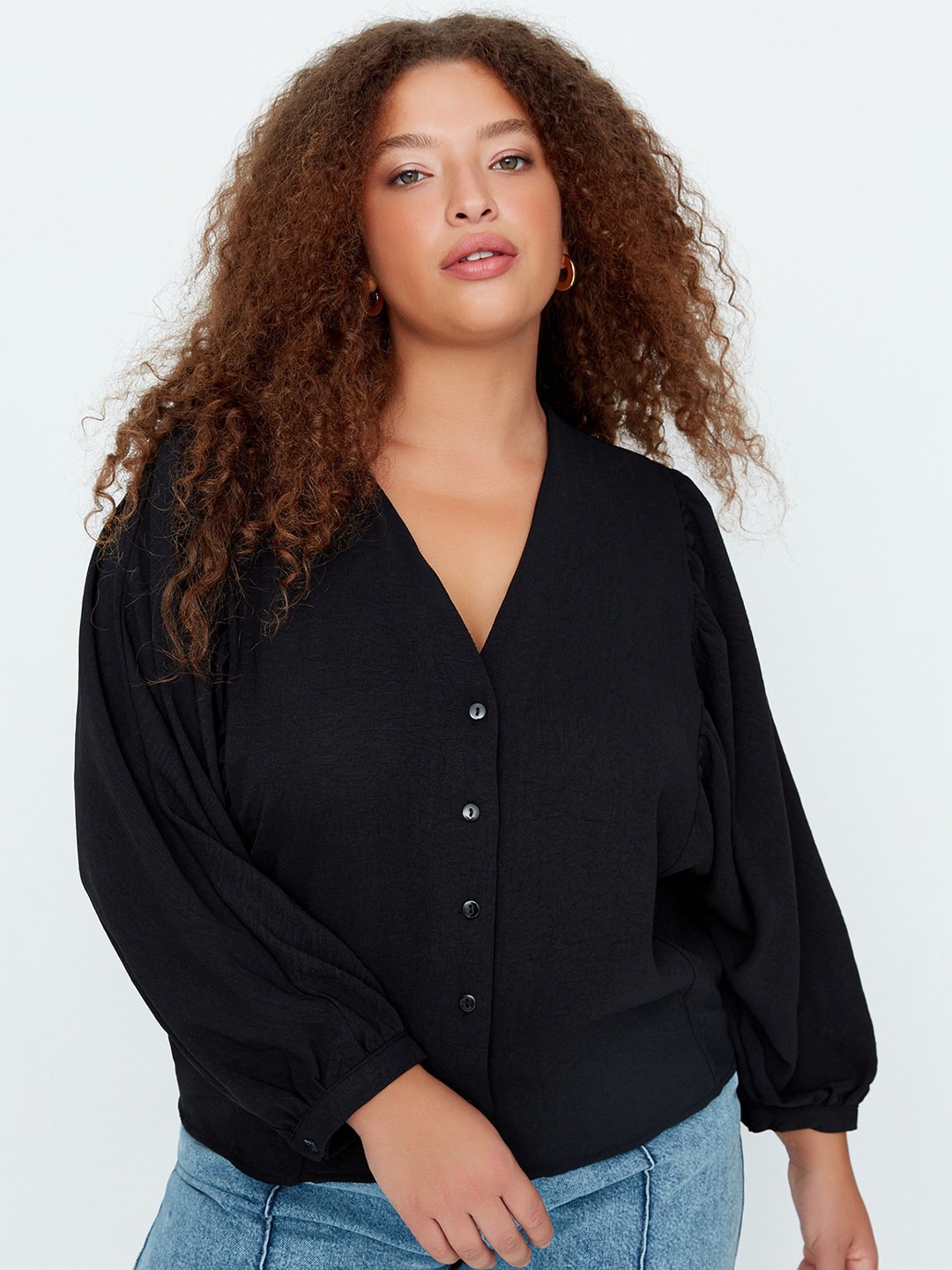 

Trendyol Plus Size V-Neck Puff Sleeves Regular Top, Black
