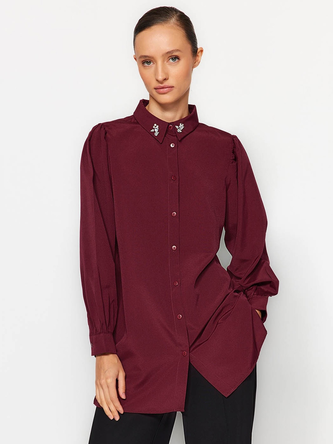 

Trendyol Spread Collar Longline Casual Shirt, Burgundy