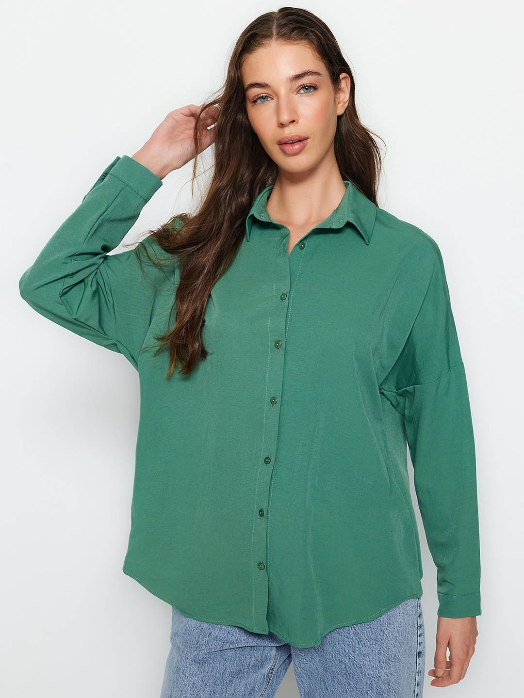 

Trendyol Spread Collar Drop-SHoulder Cotton Casual Shirt, Green