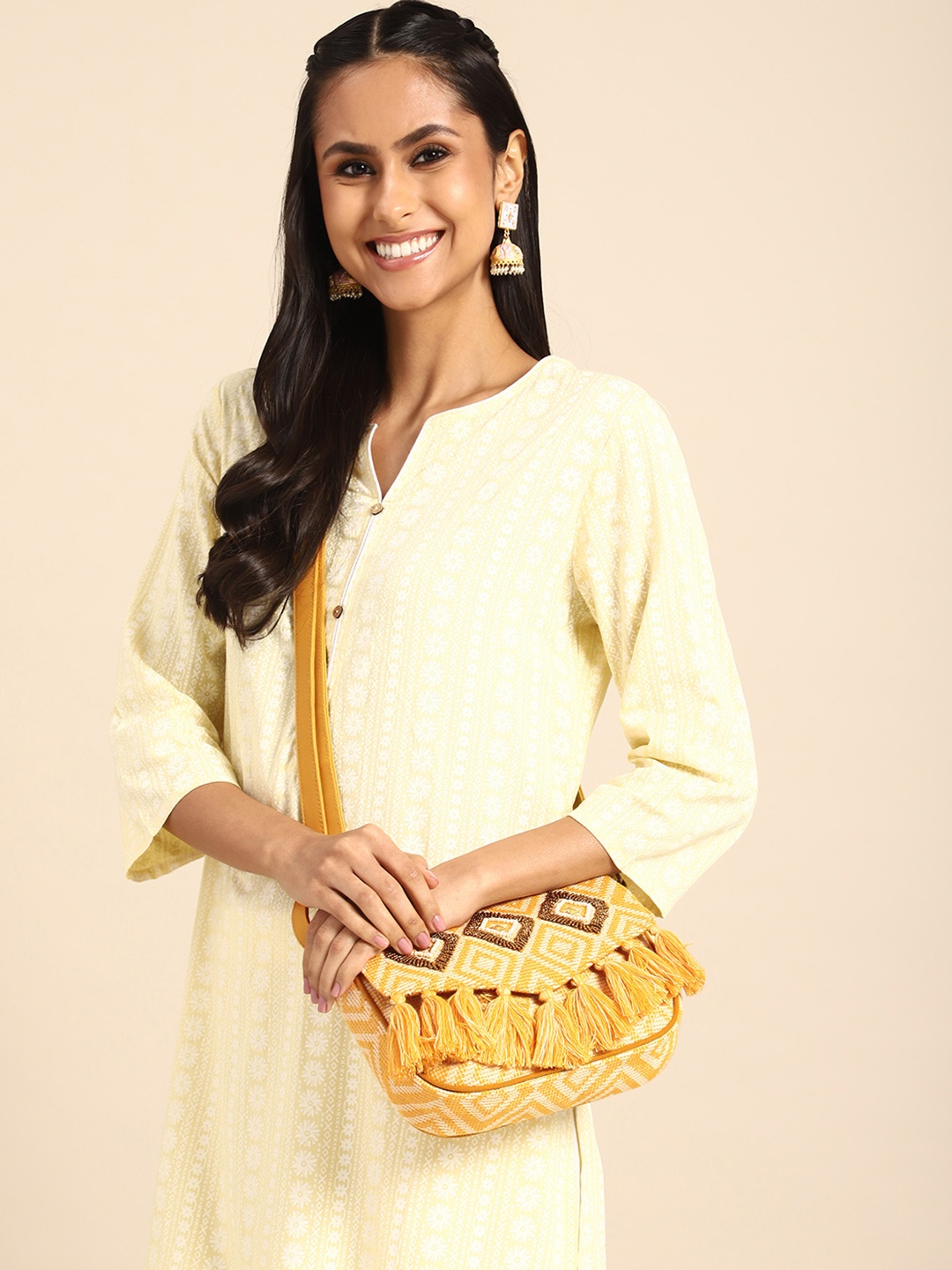 

Sangria Embellished Structured Sling Bag with Tasselled, Mustard