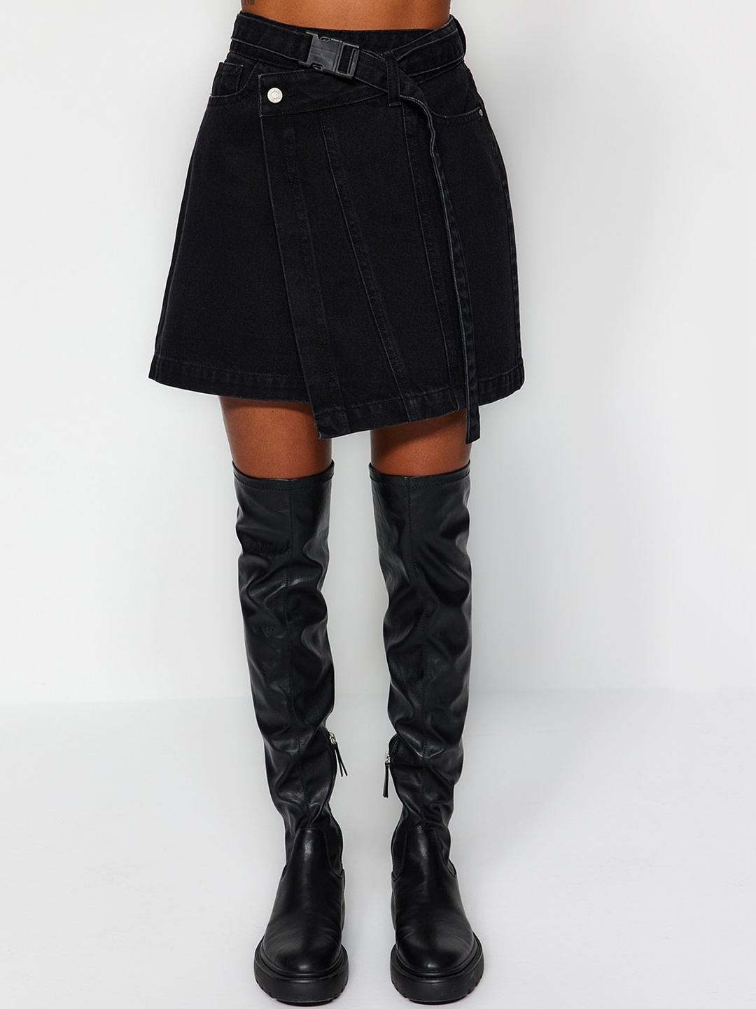 

Trendyol Pure Cotton Belted Wrap Mini Skirt, Black