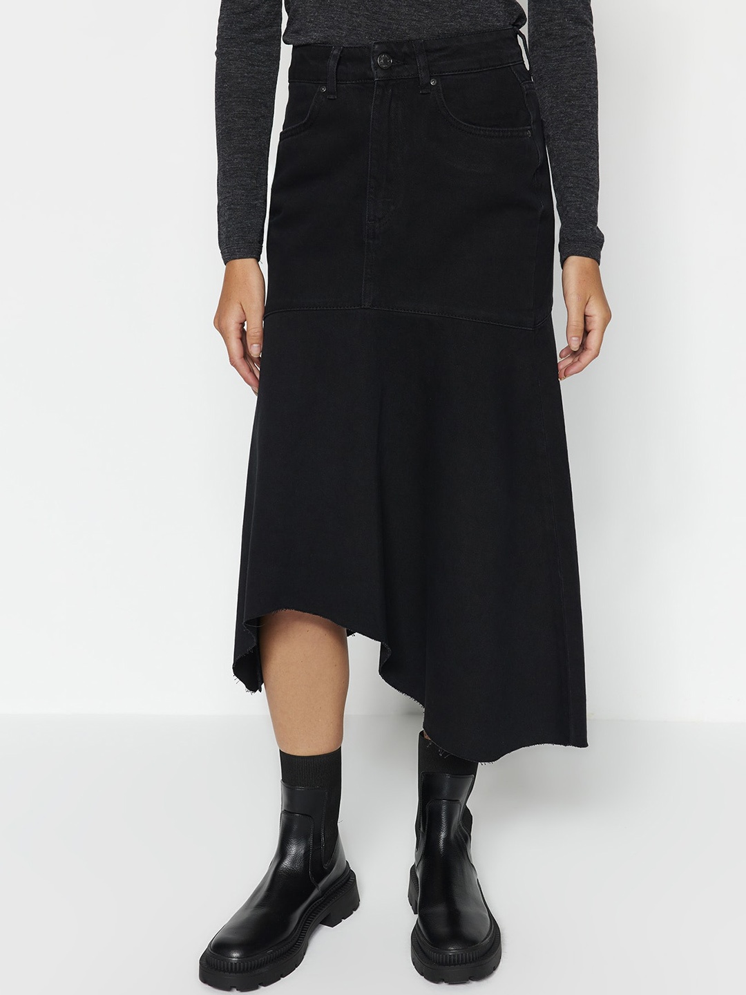 

Trendyol A-Line Asymmetric Midi Skirt, Black