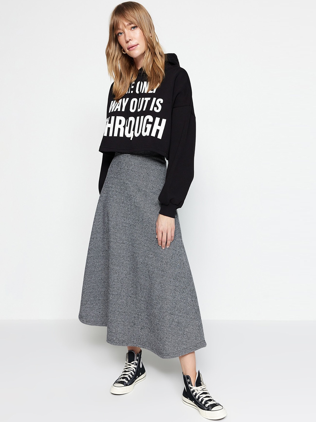 

Trendyol Self-Design Flared Midi Skirt, Grey