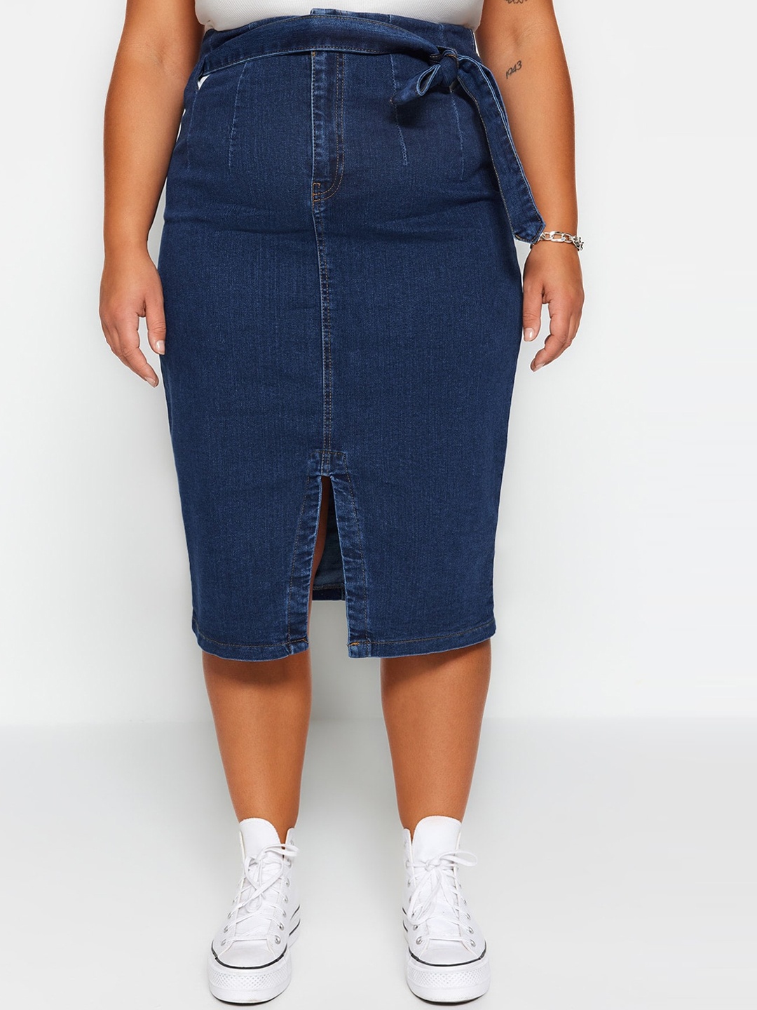 

Trendyol Self Design Jeans Midi Skirts, Navy blue