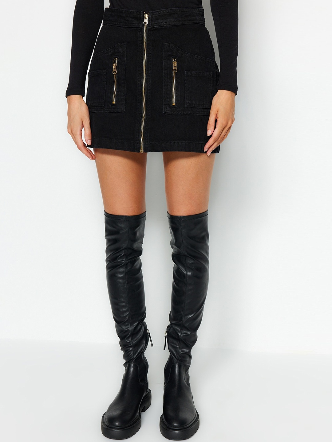 

Trendyol Pure Cotton Denim A-Line Mini Skirts, Black