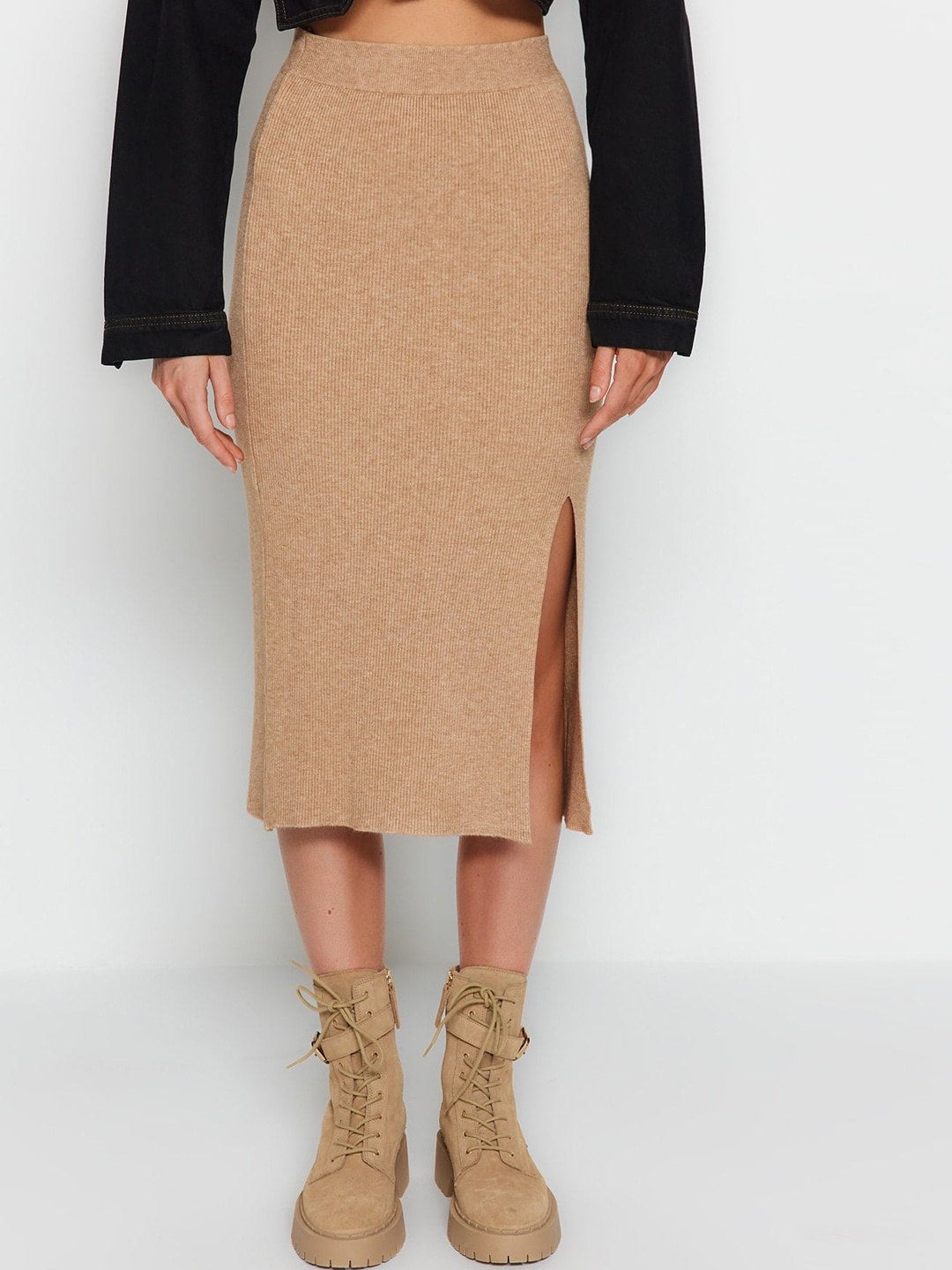 

Trendyol Self Design Acrylic Midi Skirts, Beige