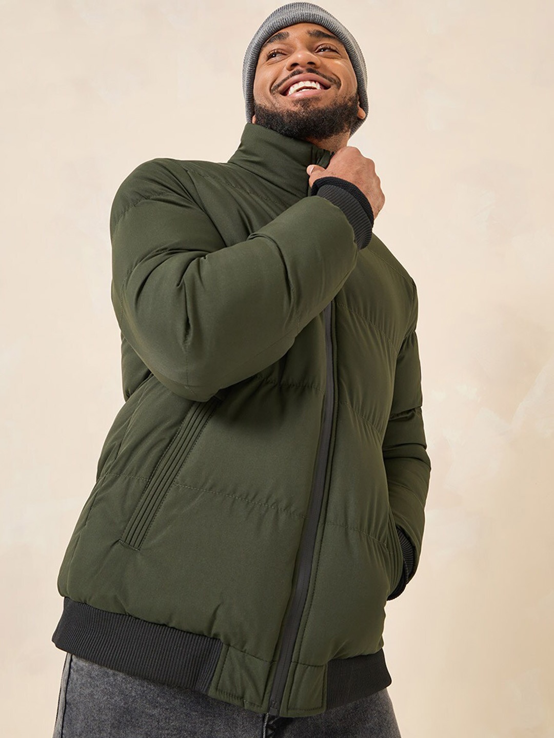 

Styli Olive Green High Neck Badge Detail Padded Puffer Jacket