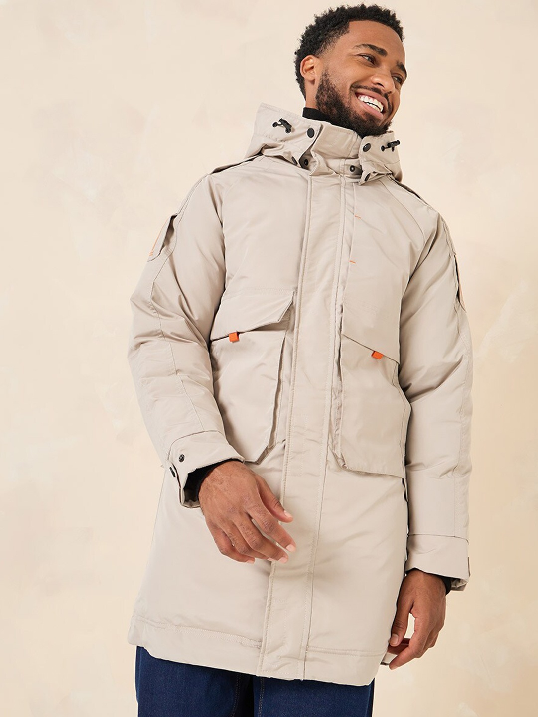 

Styli Longline Parka Lined Jacket with Utility Pockets, Cream