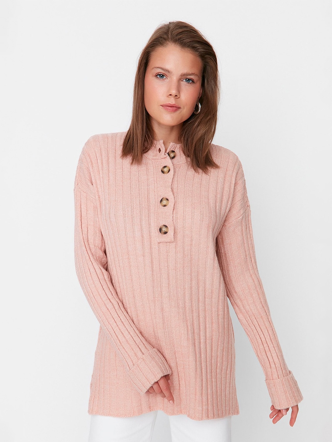 

Trendyol Mock Neck Ribbed Longline Pullover, Peach