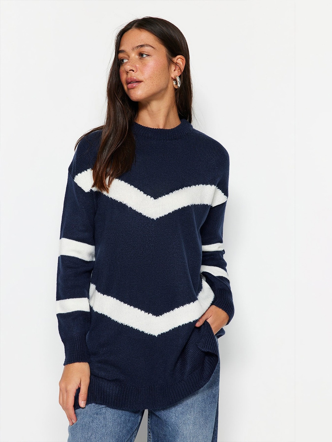 

Trendyol Striped Longline Pullover, Navy blue
