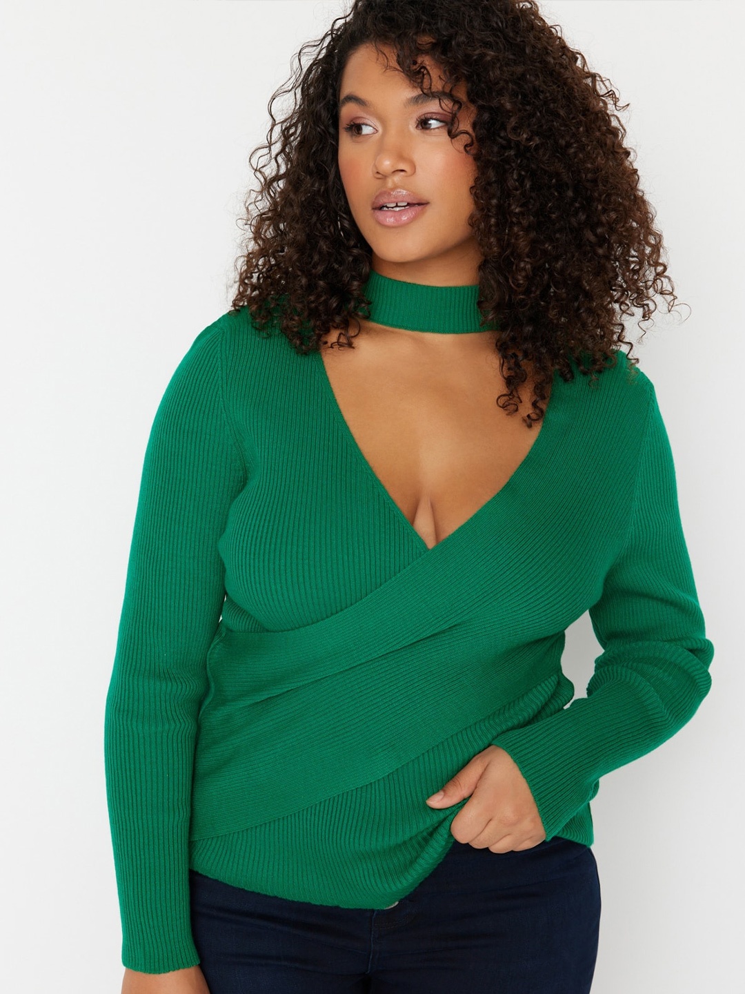 

Trendyol Ribbed Wrap Acrylic Pullover Sweaters, Green