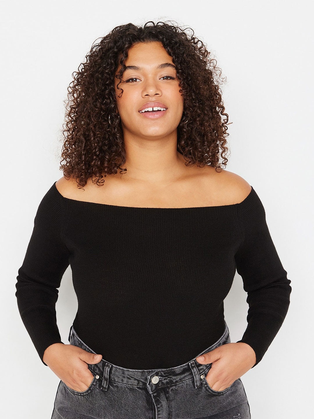 

Trendyol Ribbed Off Shoulder Acrylic Pullover Sweater, Black