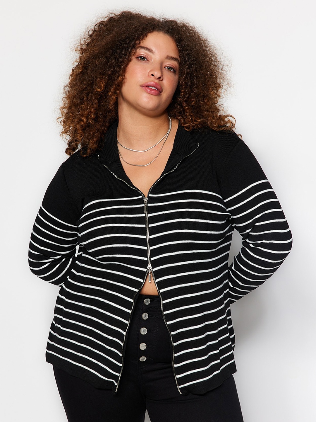 

Trendyol Striped Acrylic Front-Open Sweaters, Black