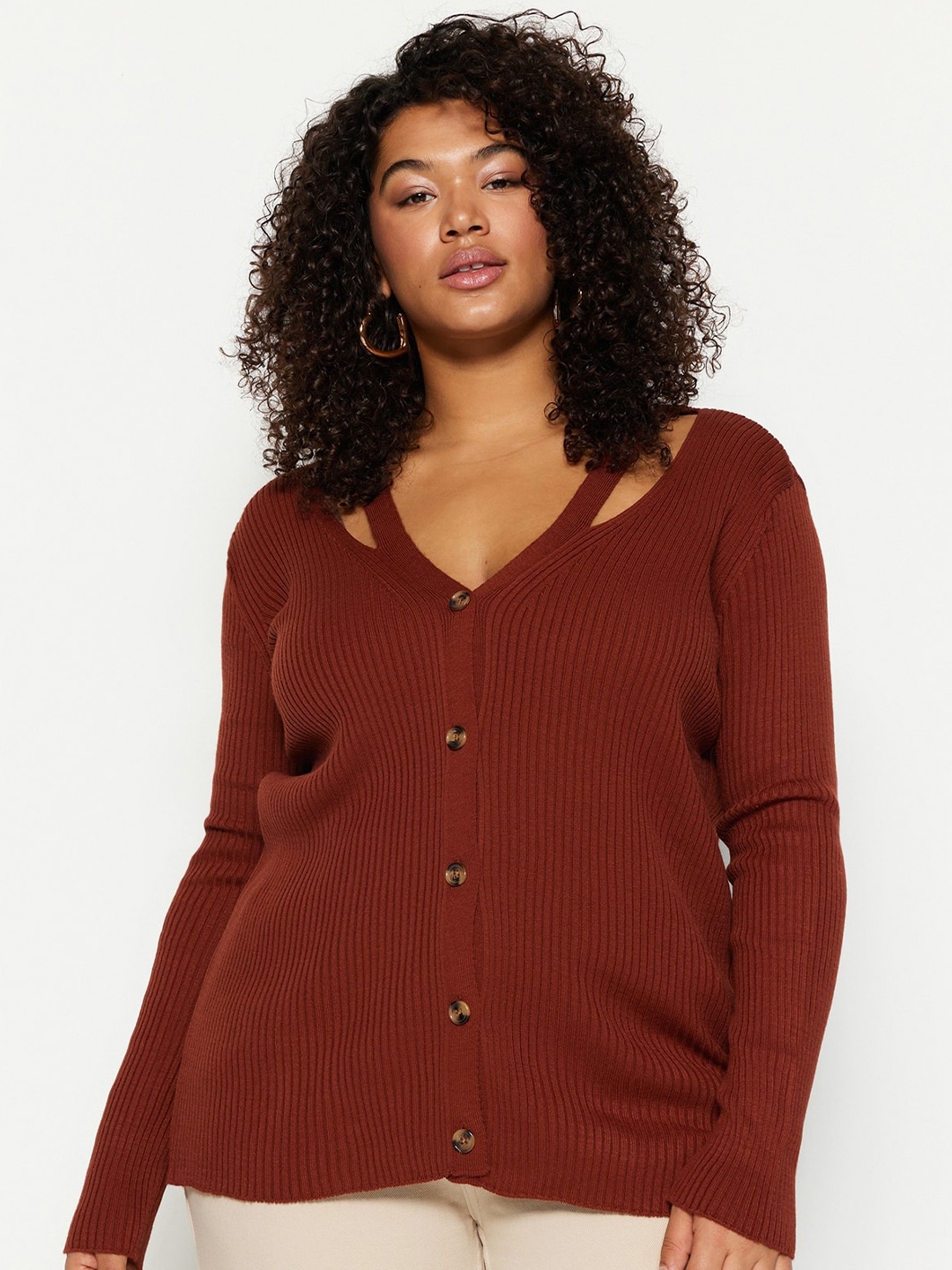 

Trendyol V-Neck Ribbed Pure Acrylic Cardigan, Brown