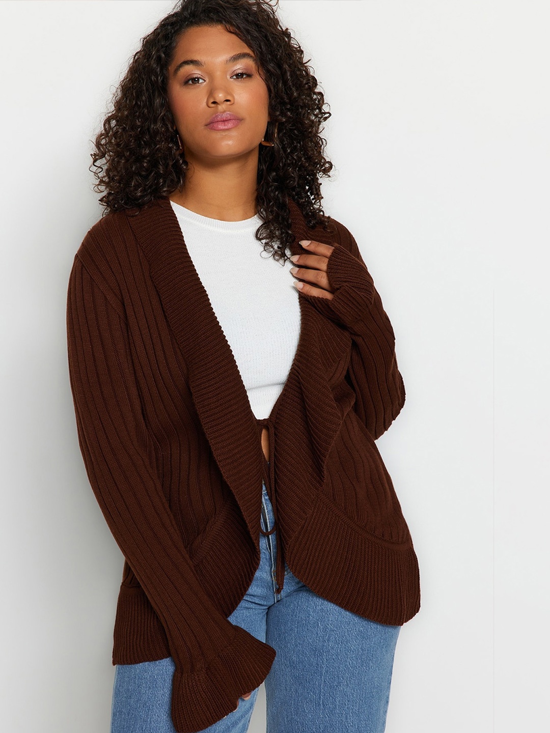 

Trendyol Shawl Collar Front-Open Sweater, Brown